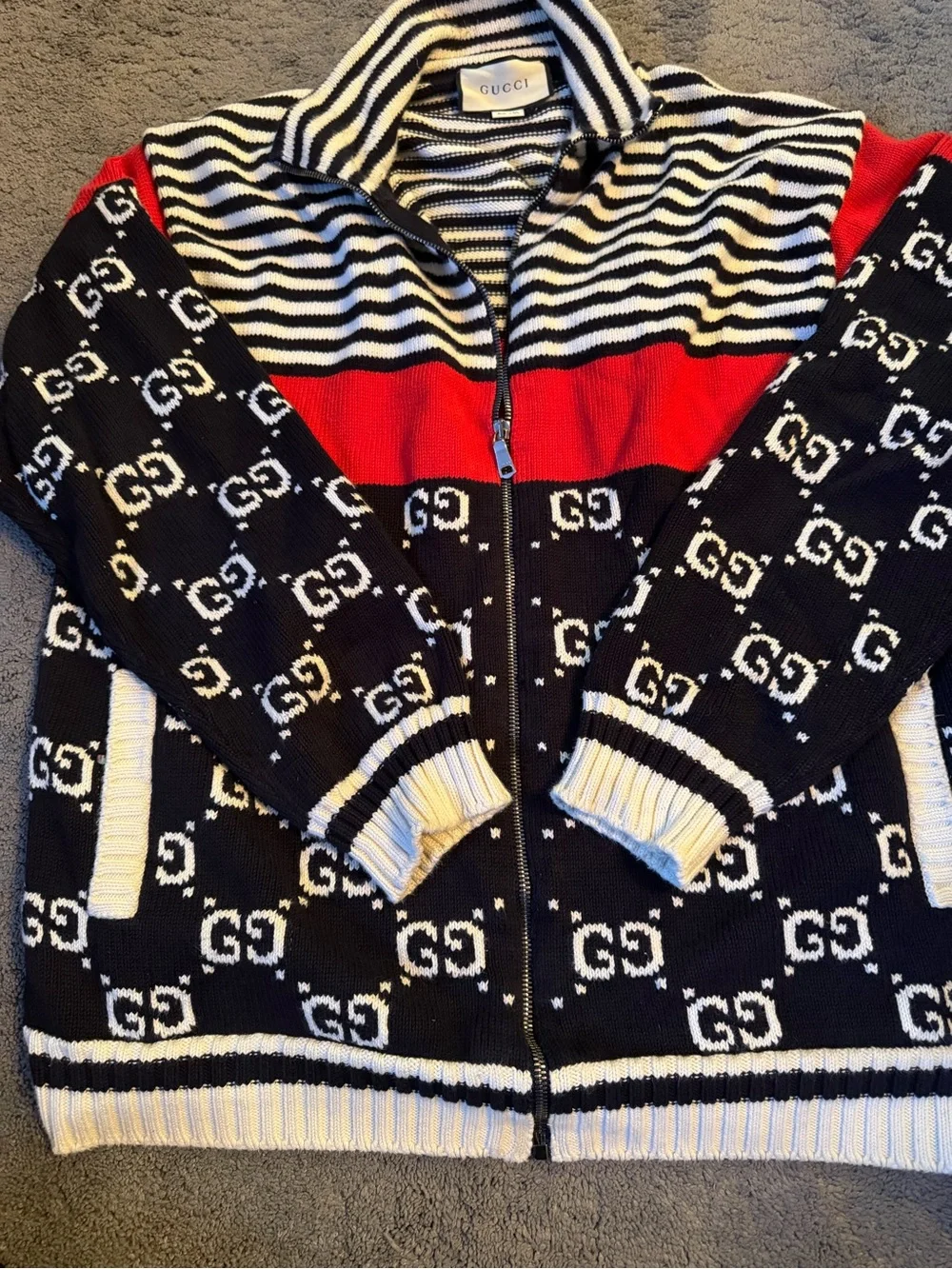 Gucci Striped Zip Knit Cardigan in Deep Navy, White & Red